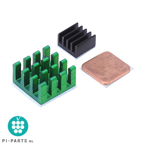 Heatsinks - koelelementen | 2 x groen/zwart aluminium + 1 x koper